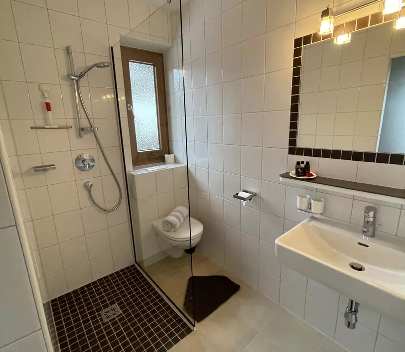 Badezimmer mit Dusche im Appartement Anton - Landhaus Kumbichl